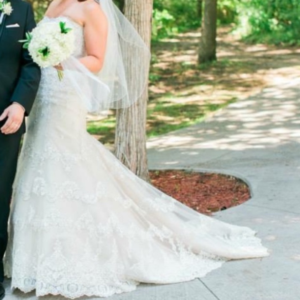 Allure Romance Blush wedding dress with lace detailing overlay